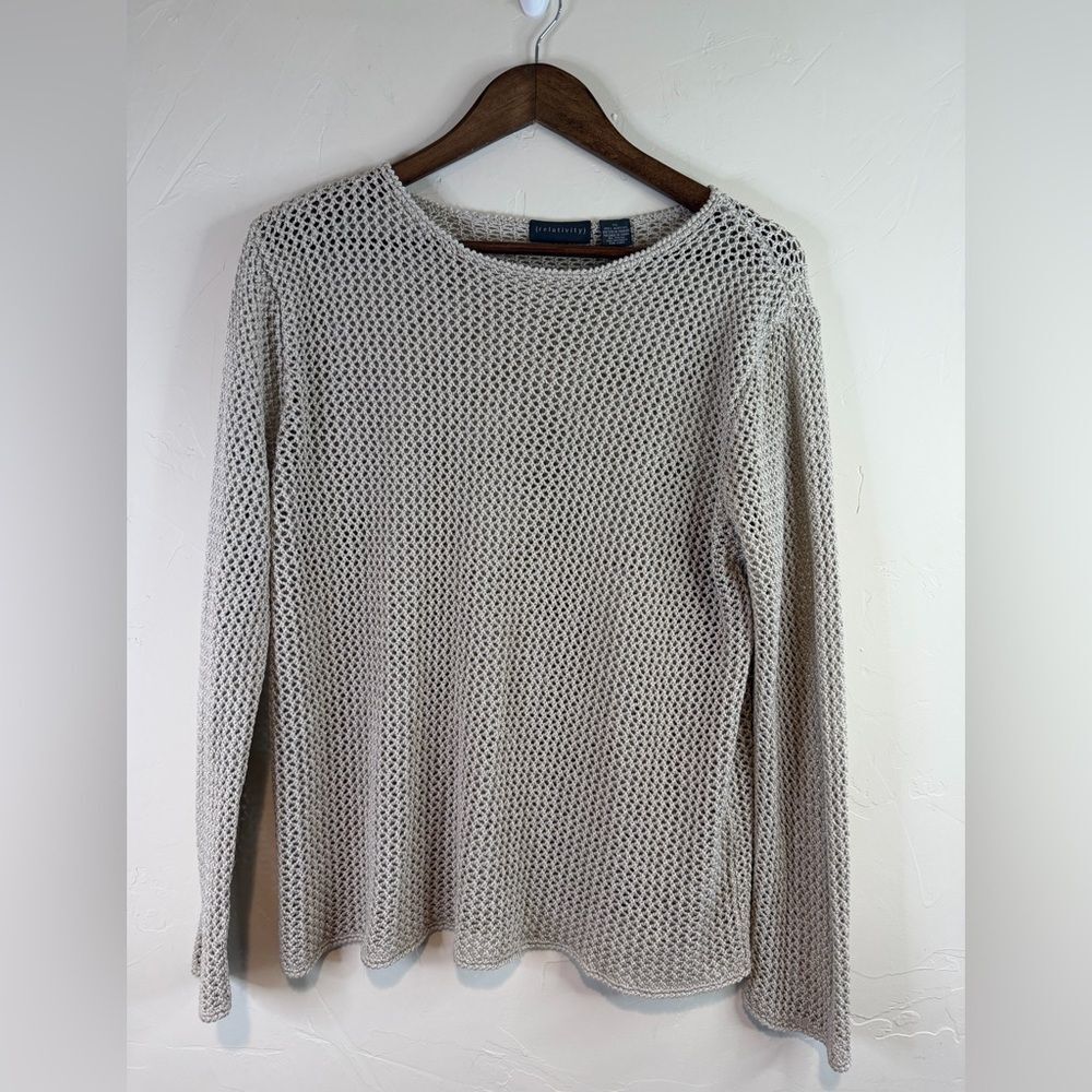Relativity Open-Knit Scoop Neck Sweater in Light Beige
